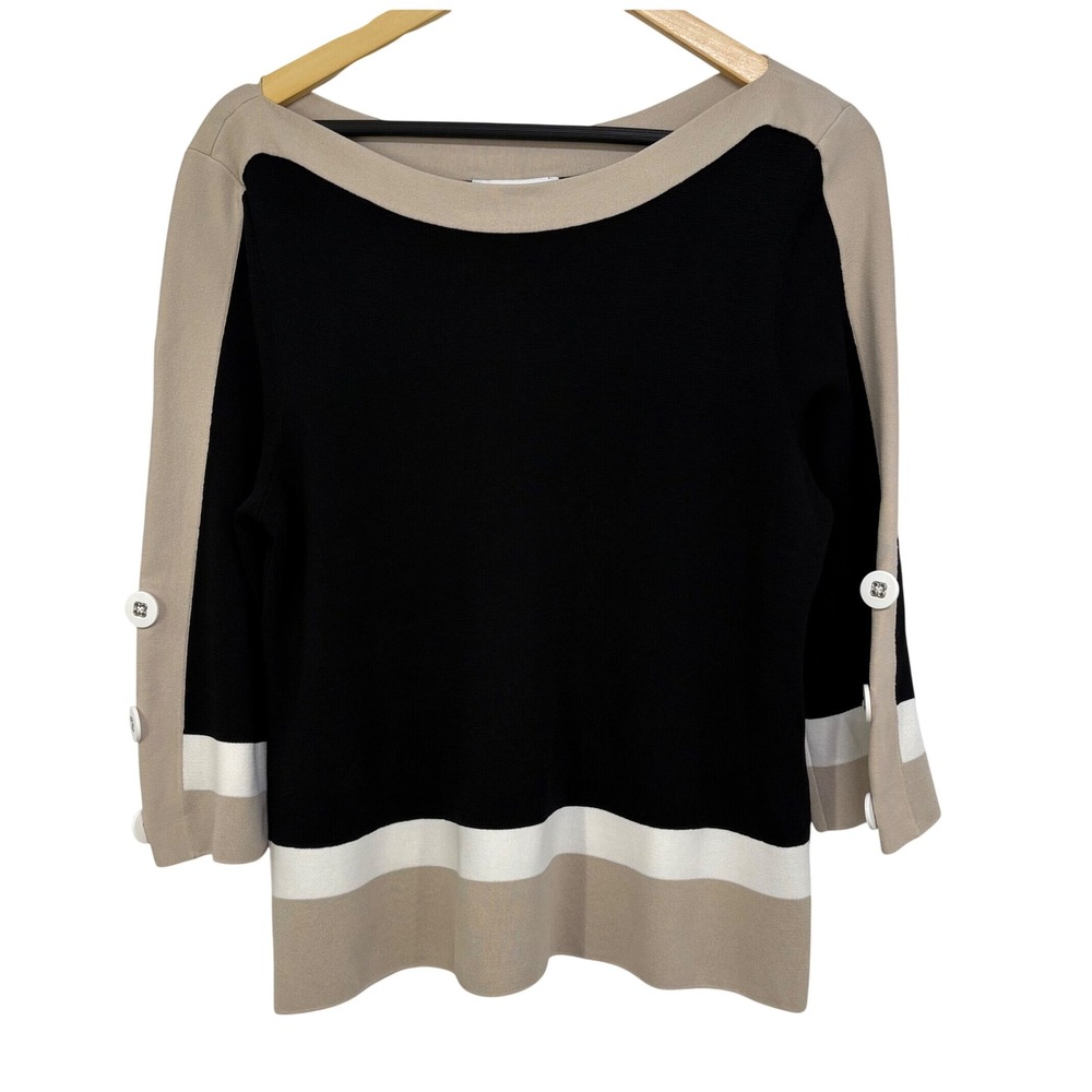 Joseph Ribkoff Black Beige Colorblock Boat Neck Button Sleeve Knit Top Large